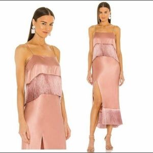 Cinq a Sept NEW Silk Eastwood Fringe Pink Satin Cocktail Midi Dress Size 2
